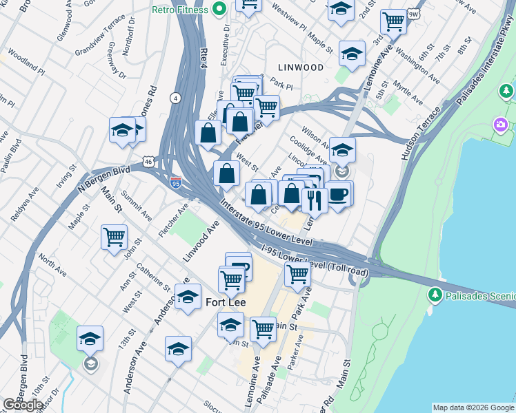 map of restaurants, bars, coffee shops, grocery stores, and more near 327 Bridge Plaza North in Fort Lee
