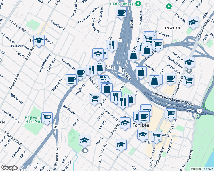 map of restaurants, bars, coffee shops, grocery stores, and more near 2040 Ellery Avenue in Fort Lee