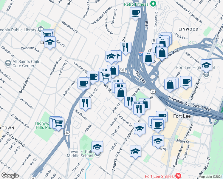 map of restaurants, bars, coffee shops, grocery stores, and more near in Fort Lee