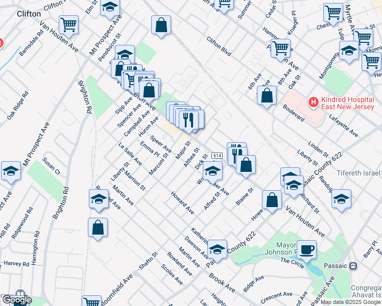 map of restaurants, bars, coffee shops, grocery stores, and more near 24 Major Street in Clifton