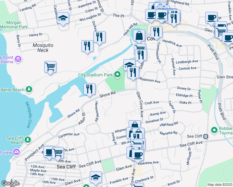 map of restaurants, bars, coffee shops, grocery stores, and more near 35 Harmony Lane in Glen Cove