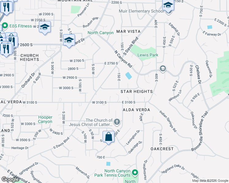 map of restaurants, bars, coffee shops, grocery stores, and more near 81 East 3000 South in Bountiful