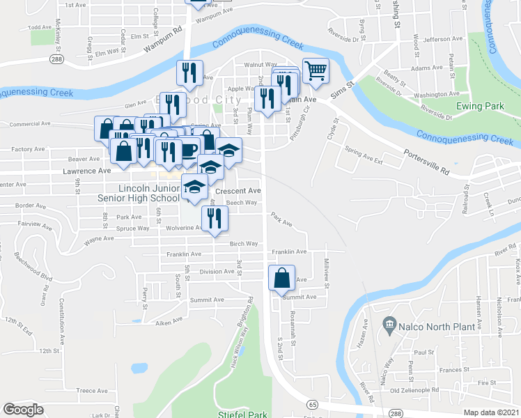 map of restaurants, bars, coffee shops, grocery stores, and more near 202 Park Avenue in Ellwood City