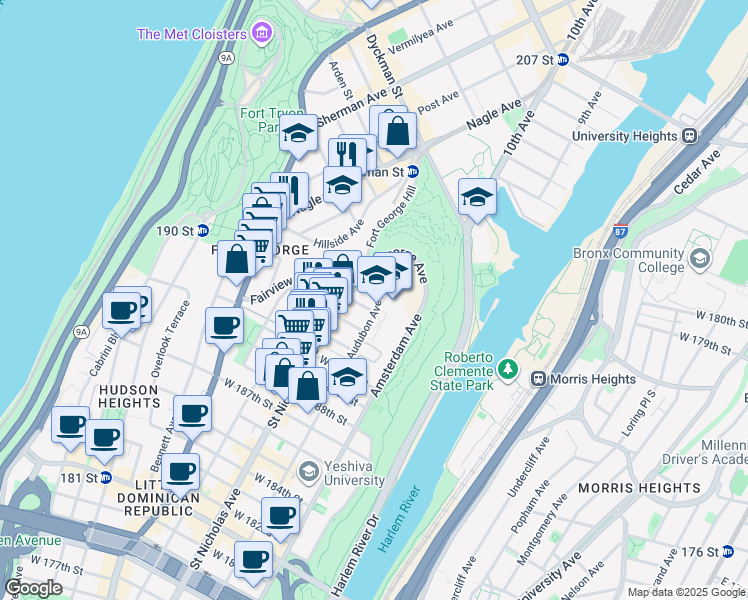 map of restaurants, bars, coffee shops, grocery stores, and more near 560 Audubon Avenue in New York