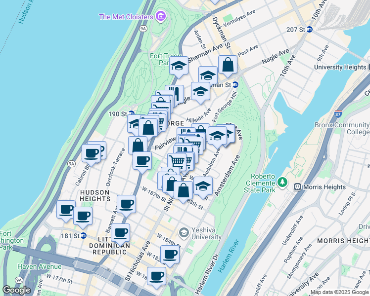 map of restaurants, bars, coffee shops, grocery stores, and more near West 192nd Street in New York
