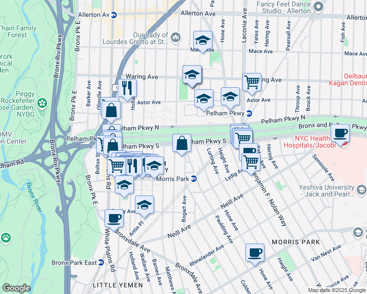 map of restaurants, bars, coffee shops, grocery stores, and more near in Bronx