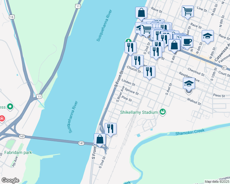 map of restaurants, bars, coffee shops, grocery stores, and more near 428 South Front Street in Sunbury