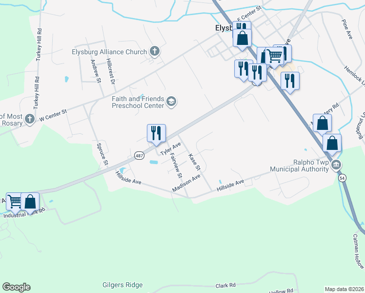 map of restaurants, bars, coffee shops, grocery stores, and more near 134 Kase Street in Elysburg