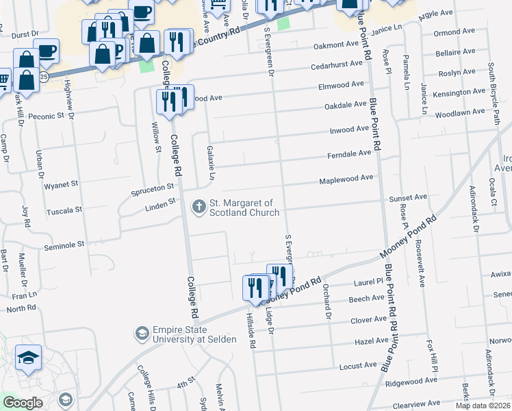 map of restaurants, bars, coffee shops, grocery stores, and more near 80 Maplewood Avenue in Selden