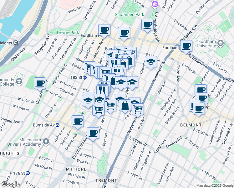 map of restaurants, bars, coffee shops, grocery stores, and more near 2310 Grand Concourse in The Bronx