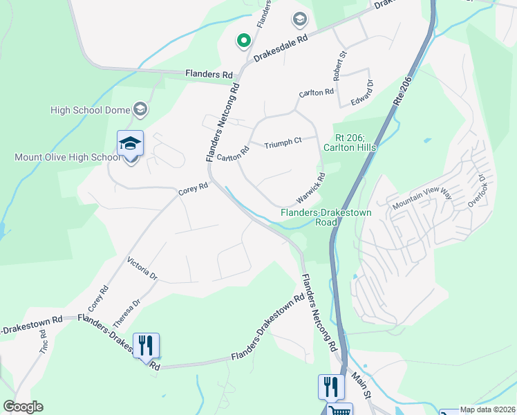 map of restaurants, bars, coffee shops, grocery stores, and more near 35 Warwick Road in Mount Olive