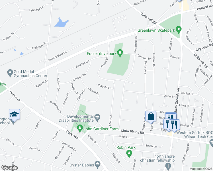 map of restaurants, bars, coffee shops, grocery stores, and more near 75 Rutgers Lane in Huntington
