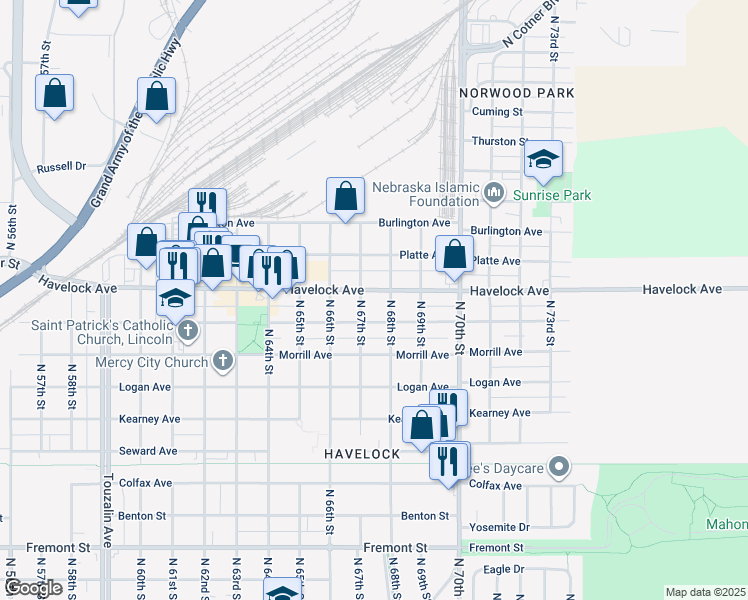 map of restaurants, bars, coffee shops, grocery stores, and more near 6717 Havelock Avenue in Lincoln