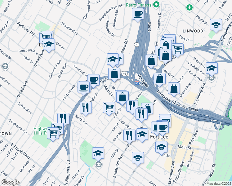 map of restaurants, bars, coffee shops, grocery stores, and more near in Fort Lee