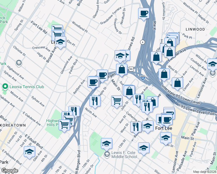 map of restaurants, bars, coffee shops, grocery stores, and more near 560 Main Street in Fort Lee