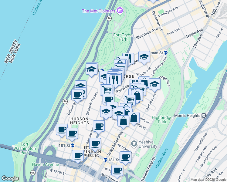 map of restaurants, bars, coffee shops, grocery stores, and more near 4458 Broadway in New York