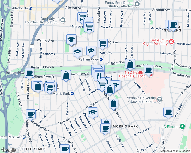 map of restaurants, bars, coffee shops, grocery stores, and more near 1130 Pelham Parkway South in Bronx