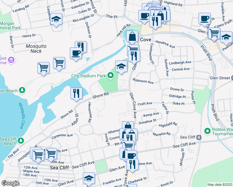 map of restaurants, bars, coffee shops, grocery stores, and more near 1 Shore Road in Glen Cove