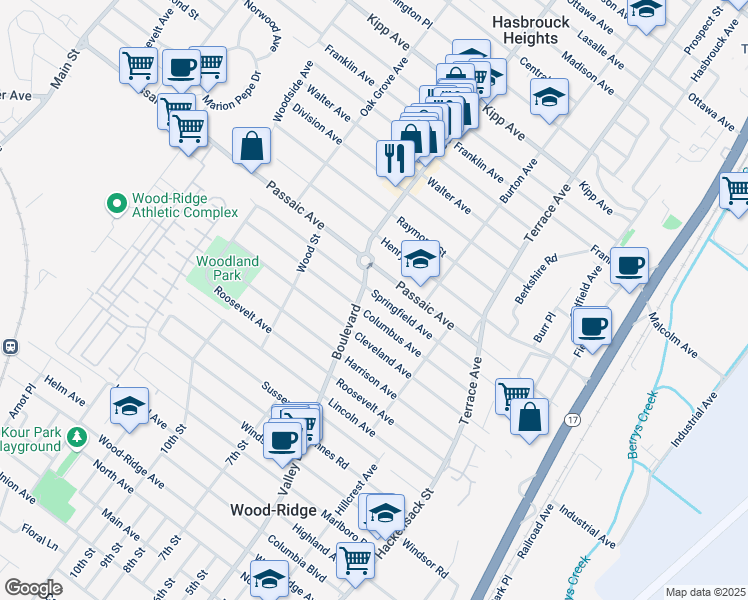 map of restaurants, bars, coffee shops, grocery stores, and more near 79 Boulevard in Hasbrouck Heights