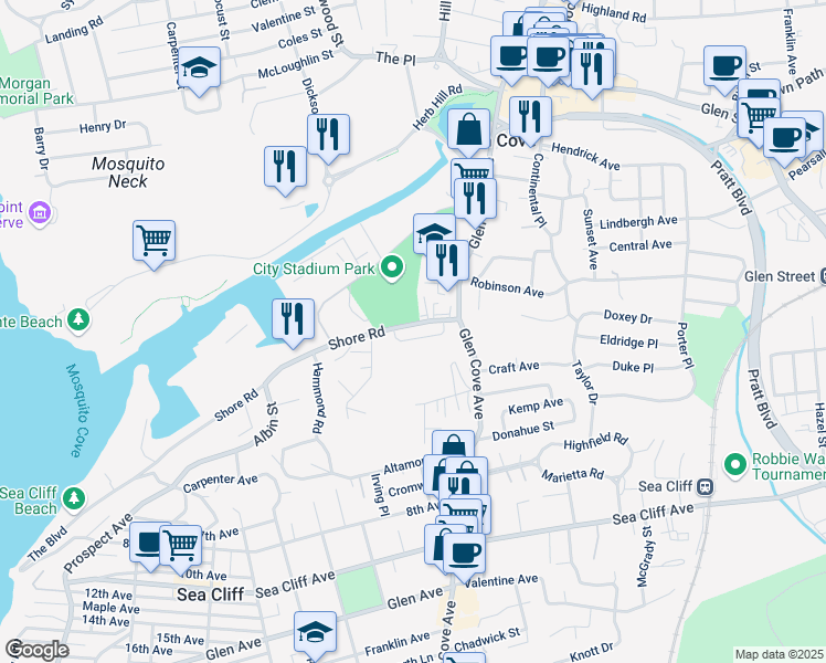 map of restaurants, bars, coffee shops, grocery stores, and more near 1 Shore Road in Glen Cove