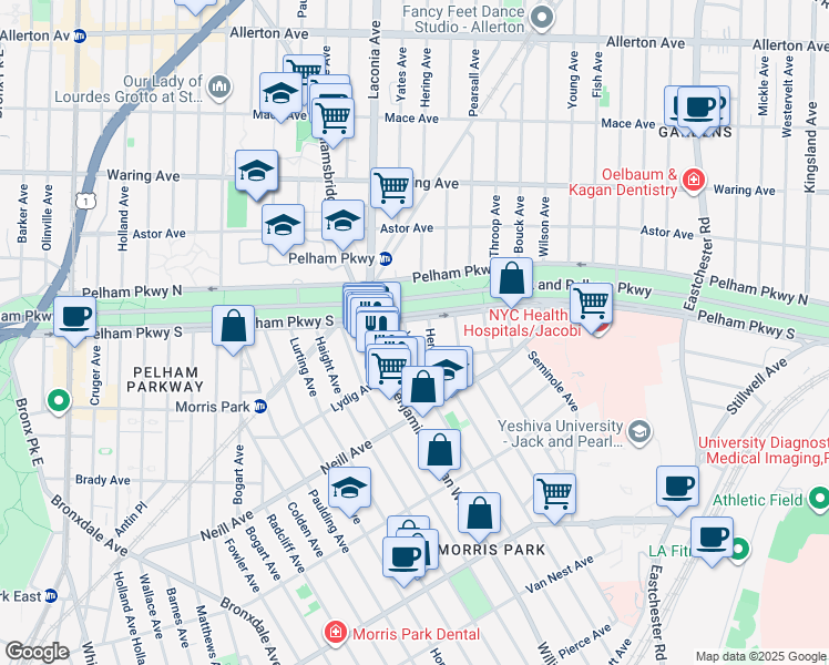 map of restaurants, bars, coffee shops, grocery stores, and more near 1176 Pelham Parkway South in Bronx