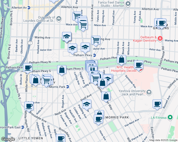 map of restaurants, bars, coffee shops, grocery stores, and more near 2157 Tomlinson Avenue in Bronx