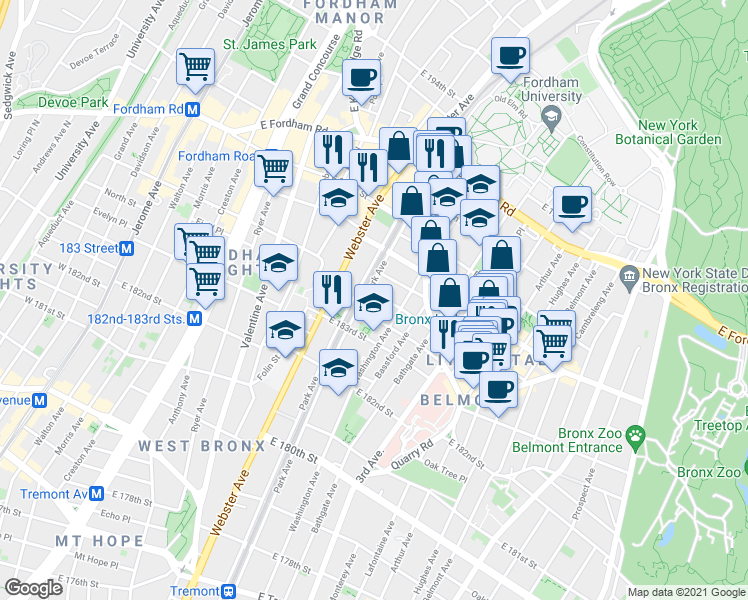 map of restaurants, bars, coffee shops, grocery stores, and more near 451 East 185th Street in The Bronx