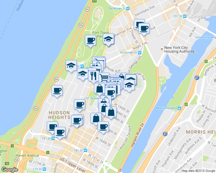 map of restaurants, bars, coffee shops, grocery stores, and more near 82-76 Wadsworth Terrace in New York