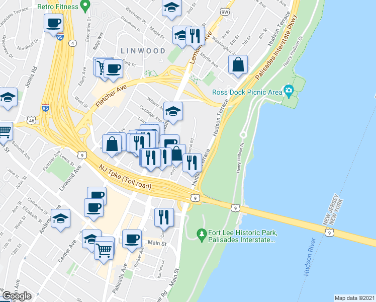 map of restaurants, bars, coffee shops, grocery stores, and more near 2193 North Central Road in Fort Lee