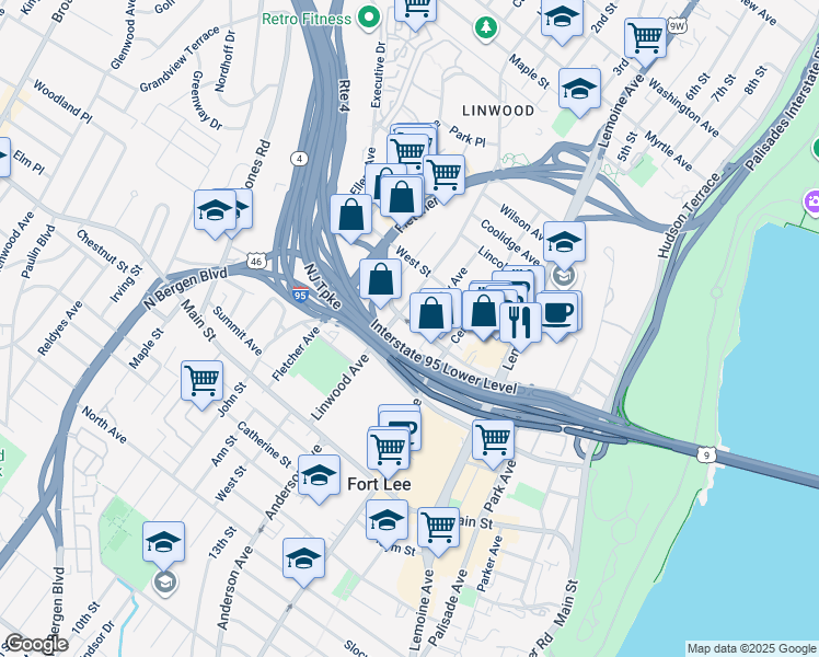 map of restaurants, bars, coffee shops, grocery stores, and more near 327 Bridge Plaza North in Fort Lee