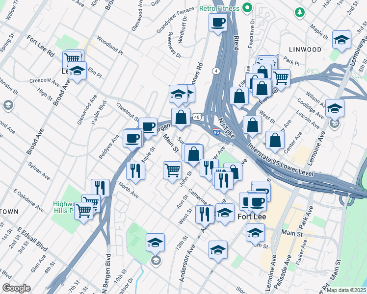 map of restaurants, bars, coffee shops, grocery stores, and more near in Fort Lee