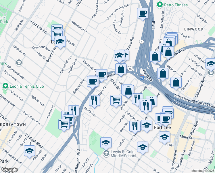 map of restaurants, bars, coffee shops, grocery stores, and more near 560 Main Street in Fort Lee