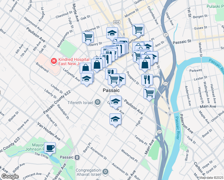 map of restaurants, bars, coffee shops, grocery stores, and more near 98 Passaic Avenue in Passaic