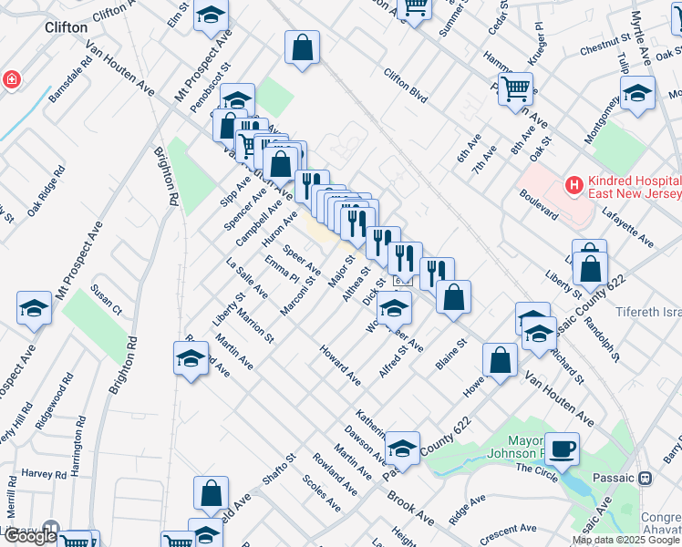 map of restaurants, bars, coffee shops, grocery stores, and more near 24 Major Street in Clifton