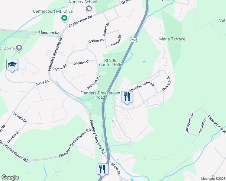 map of restaurants, bars, coffee shops, grocery stores, and more near 74 Oakwood Village in Mount Olive