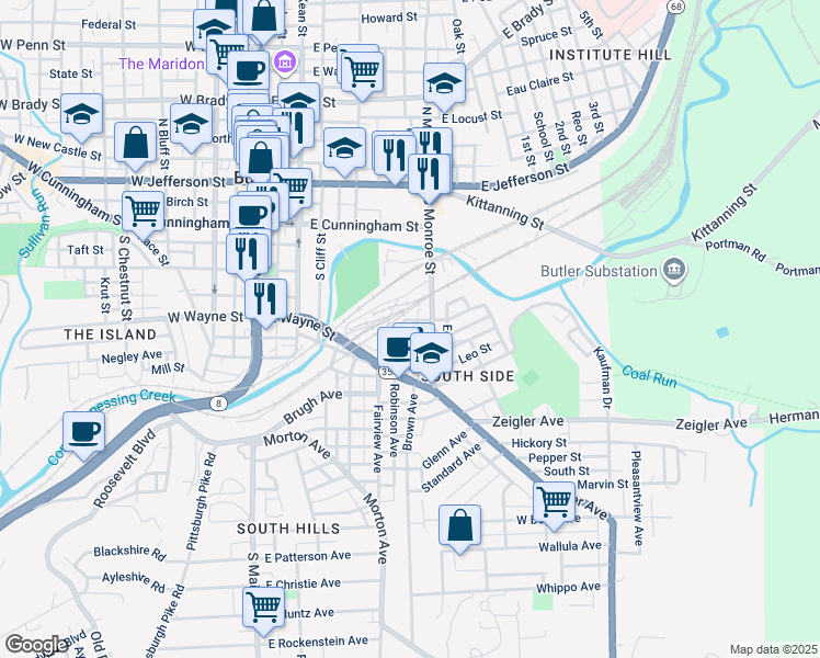 map of restaurants, bars, coffee shops, grocery stores, and more near 210A Spring Street in Butler