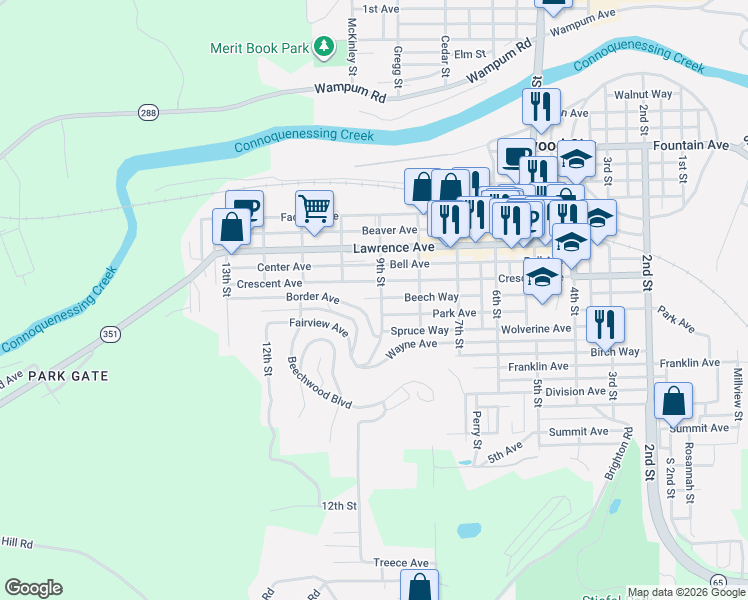 map of restaurants, bars, coffee shops, grocery stores, and more near 831 Crescent Avenue in Ellwood City