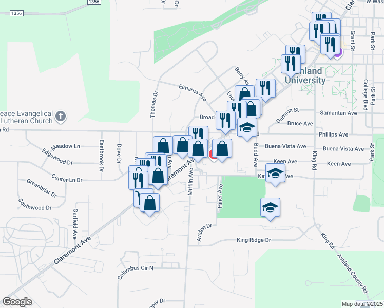 map of restaurants, bars, coffee shops, grocery stores, and more near 1262 Claremont Avenue in Ashland