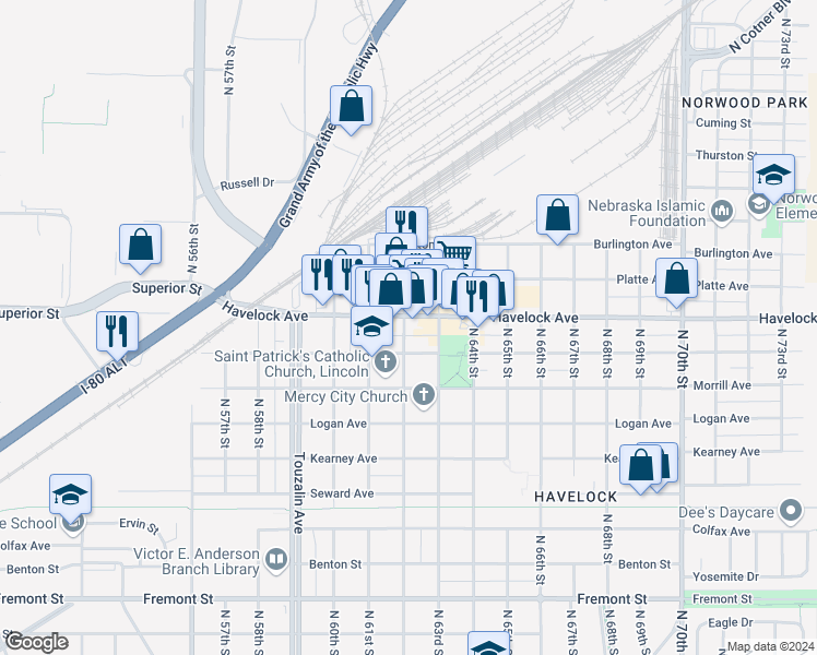 map of restaurants, bars, coffee shops, grocery stores, and more near 6181-6199 Havelock Avenue in Lincoln