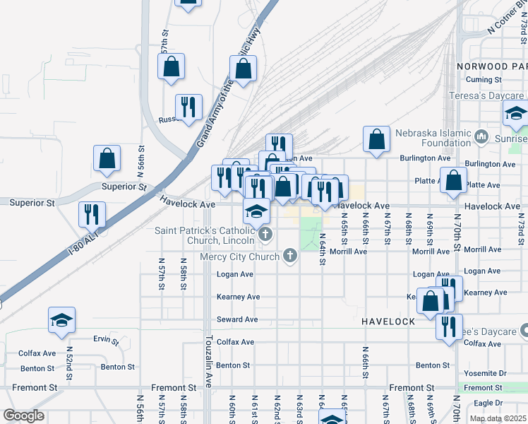 map of restaurants, bars, coffee shops, grocery stores, and more near 6181-6199 Havelock Avenue in Lincoln