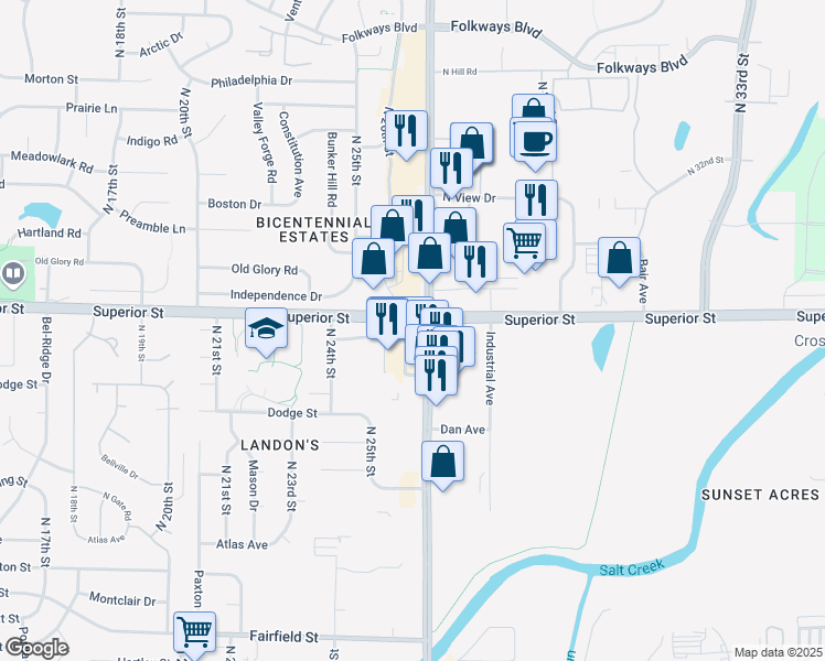 map of restaurants, bars, coffee shops, grocery stores, and more near 4501 North 27th Street in Lincoln