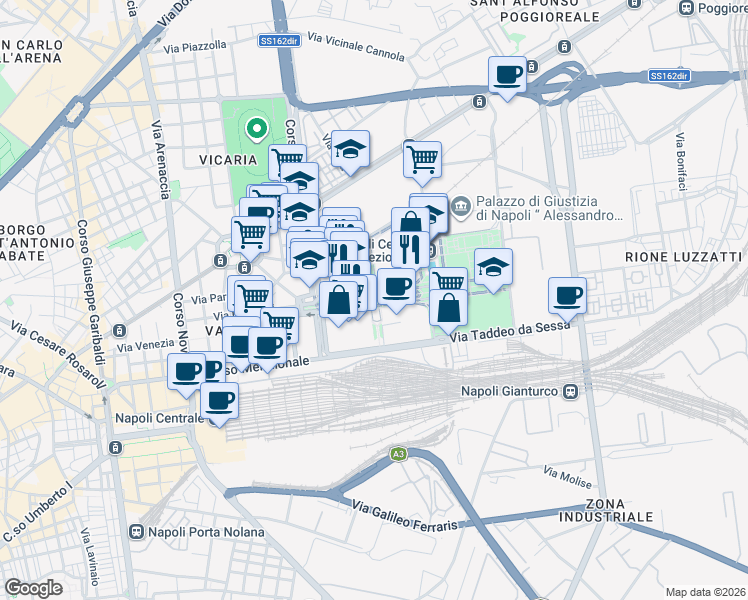 map of restaurants, bars, coffee shops, grocery stores, and more near Viale della Costituzione in Naples