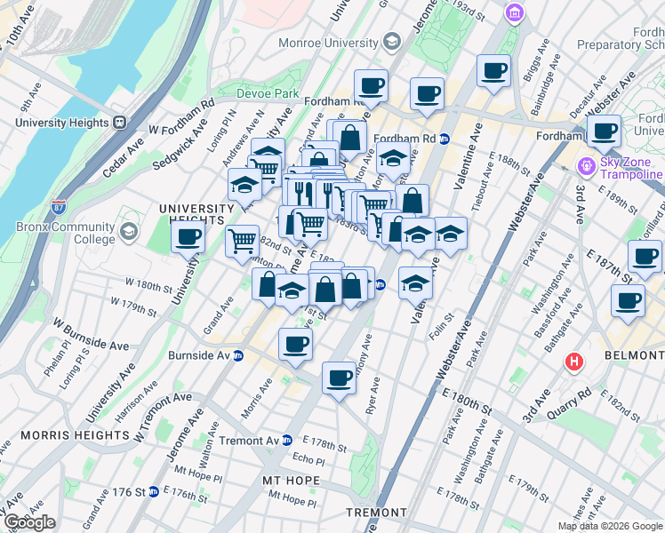 map of restaurants, bars, coffee shops, grocery stores, and more near 62 East 182nd Street in Bronx