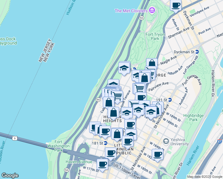 map of restaurants, bars, coffee shops, grocery stores, and more near 360 Cabrini Boulevard in New York