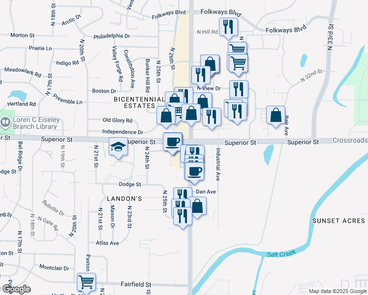 map of restaurants, bars, coffee shops, grocery stores, and more near 4501 North 27th Street in Lincoln