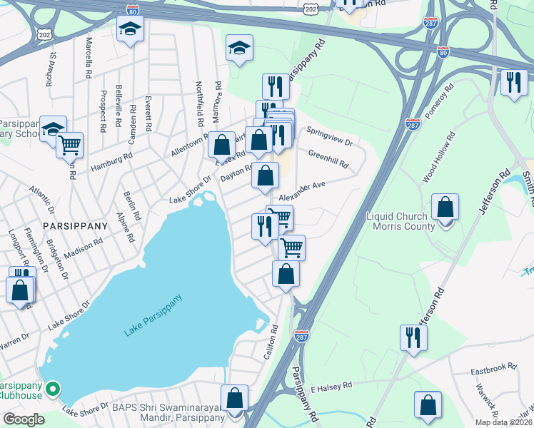 map of restaurants, bars, coffee shops, grocery stores, and more near 261 Parsippany Road in Parsippany-Troy Hills