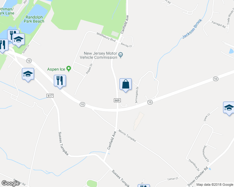 map of restaurants, bars, coffee shops, grocery stores, and more near Canfield Avenue in Randolph