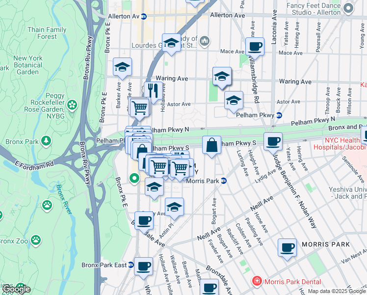 map of restaurants, bars, coffee shops, grocery stores, and more near Pelham Pkwy S & Barnes Ave in Bronx