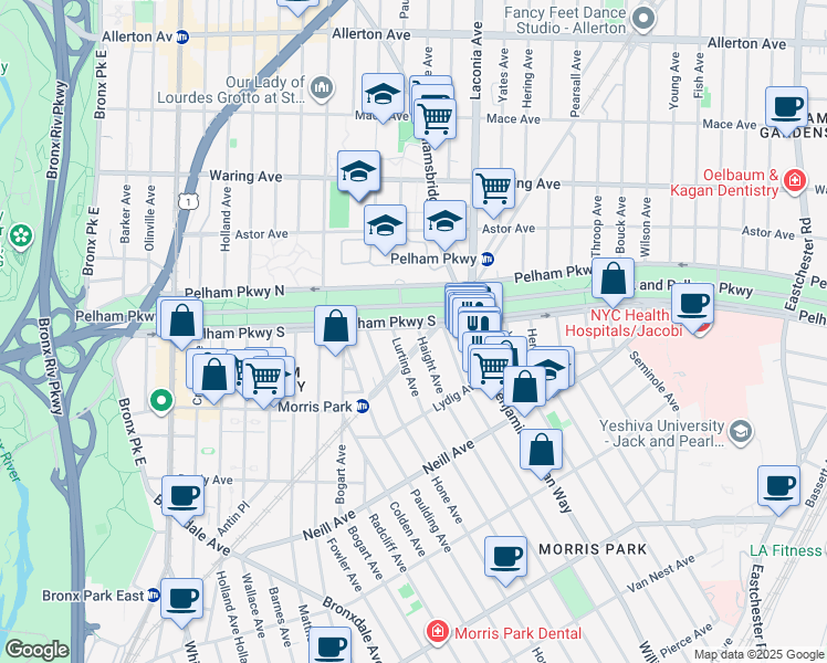 map of restaurants, bars, coffee shops, grocery stores, and more near 1090 Pelham Parkway North in The Bronx