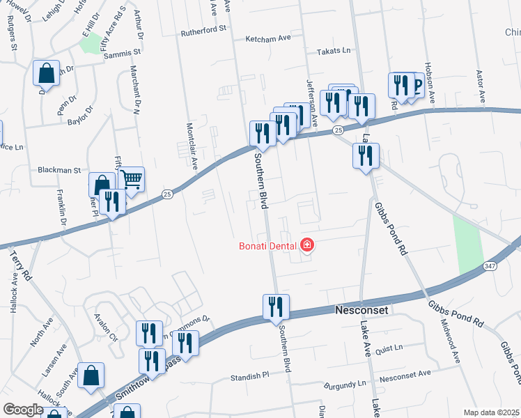map of restaurants, bars, coffee shops, grocery stores, and more near 40 Southern Boulevard in Nesconset